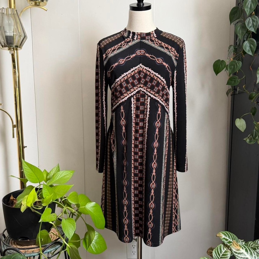 Free People Retro 70s Geometric Print Long Sleeve A-Line Mini Dress Black Pink L